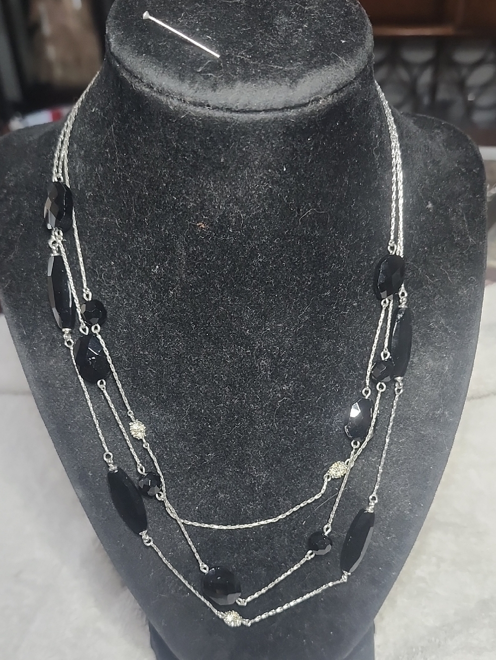 Monet Multi-Strand Black Faceted Bead Necklace with Silver Chains